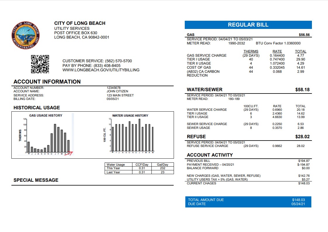 USA City of Long Beach utility bill template in Word and PDF format